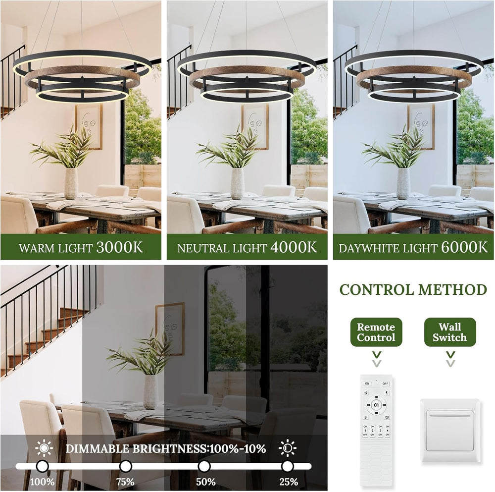 3 Ring LED Chandelier Modern Chandeliers Walnut Wood Black Dimmable 24''