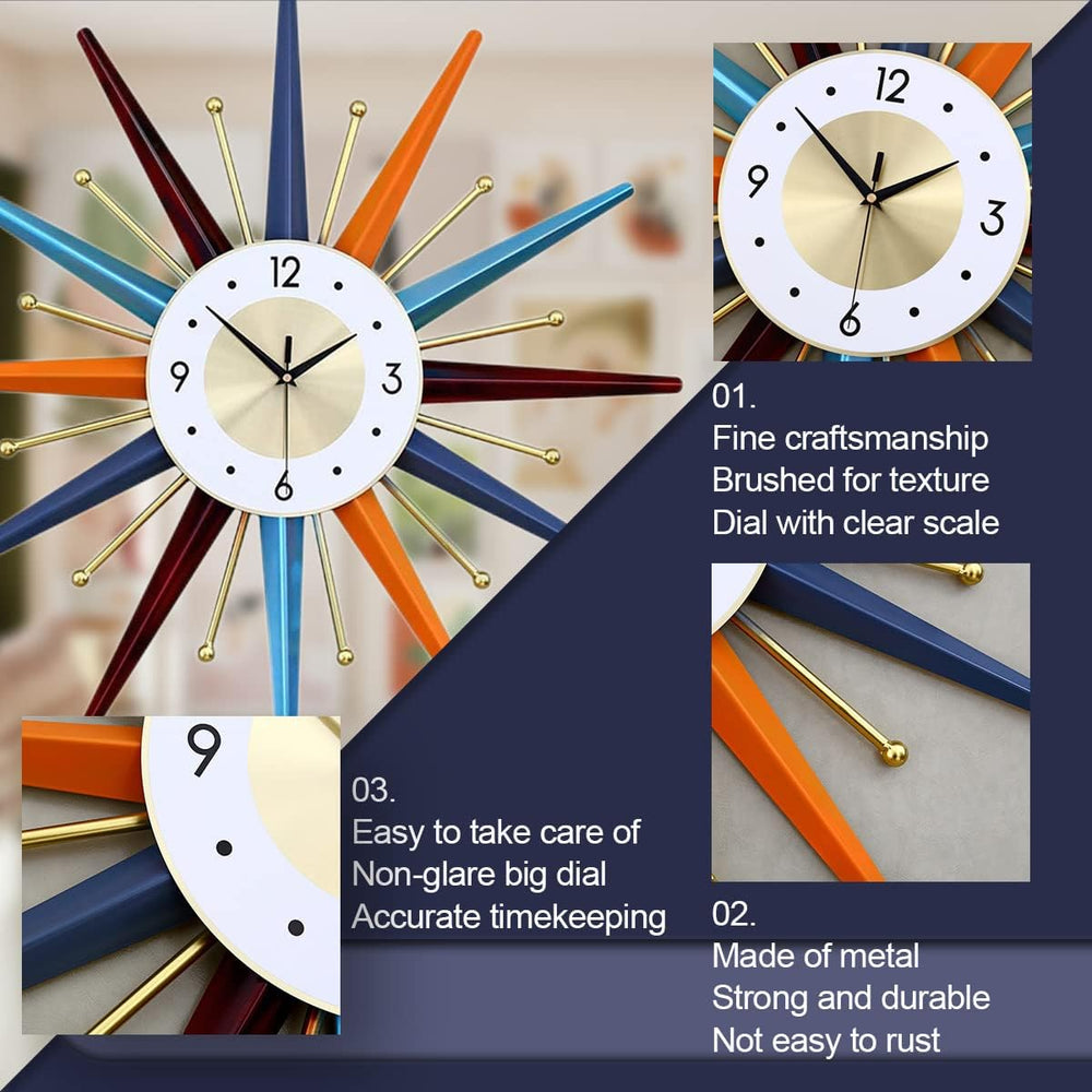 FIELDY Large Wall Clock 22 Inch Mid Century Wall Clocks Starburst Clock Non T...