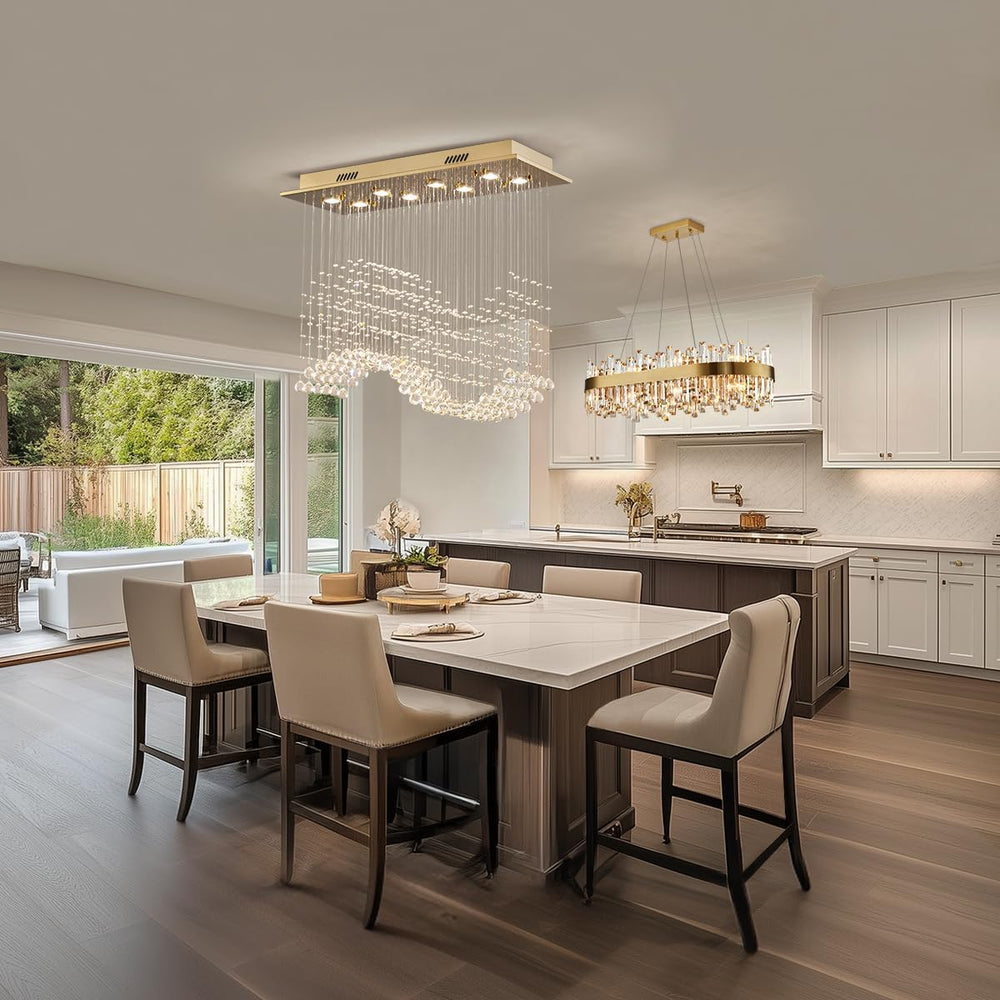 Siljoy Rectangular Gold Crystal Chandelier for Dining Room, 8-Light Modern Wa...
