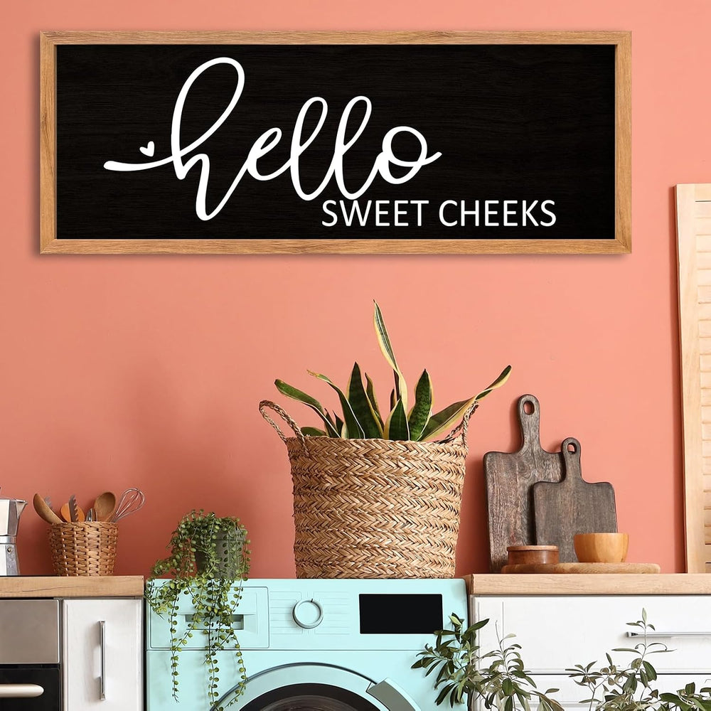 AuraPeak Hello Sweet Cheeks Bathroom Wall Decor, Wood Black, 40"×15"