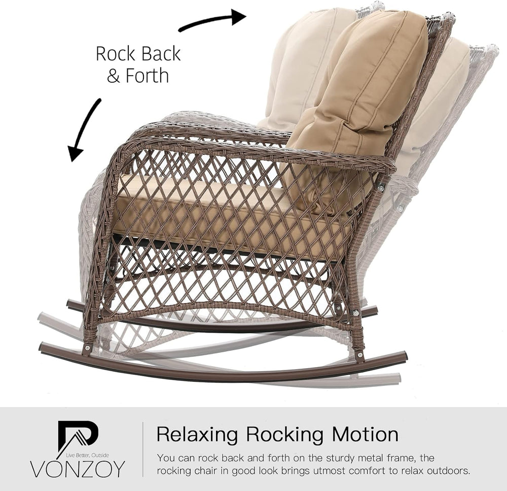 Patio Furniture Set 3 Pieces, Wicker Outdoor Rocking Bistro Set, Khaki