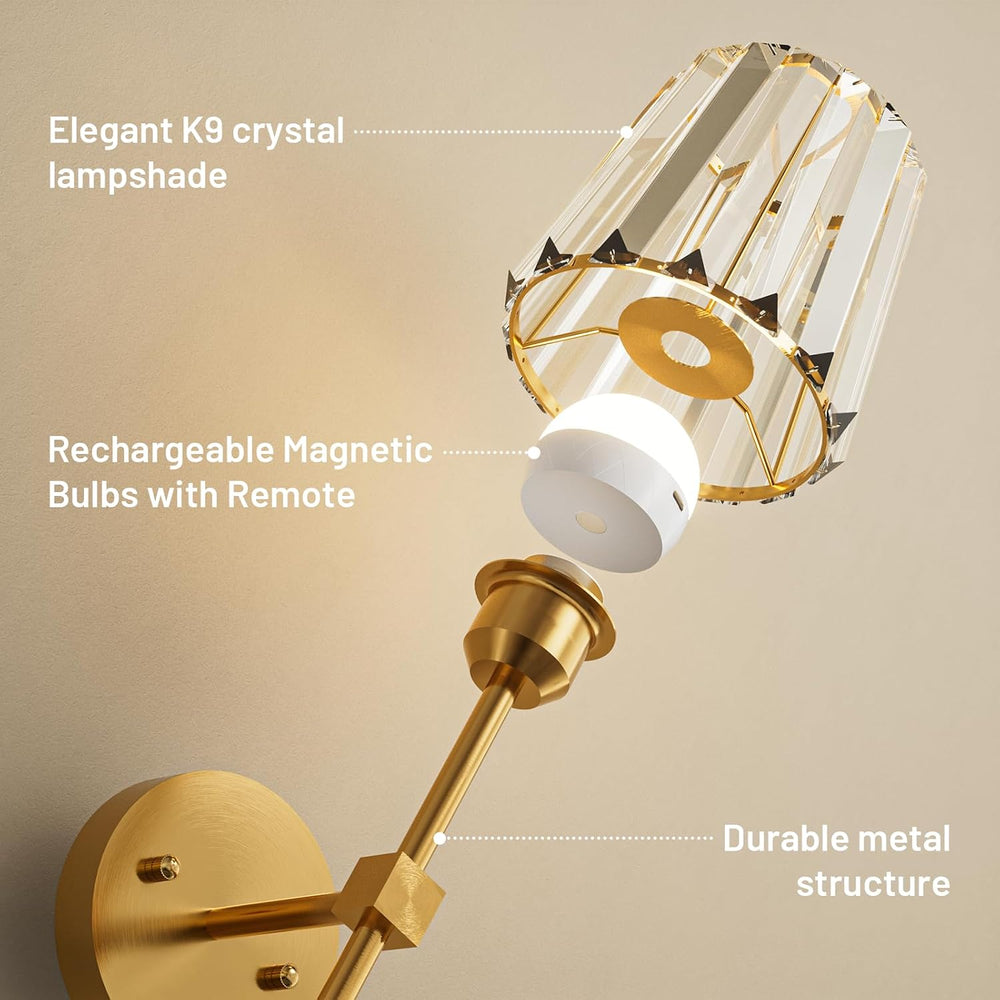 Crystal Battery Operated Wall Sconces Set of 2, Gold Sconces Wall Decor