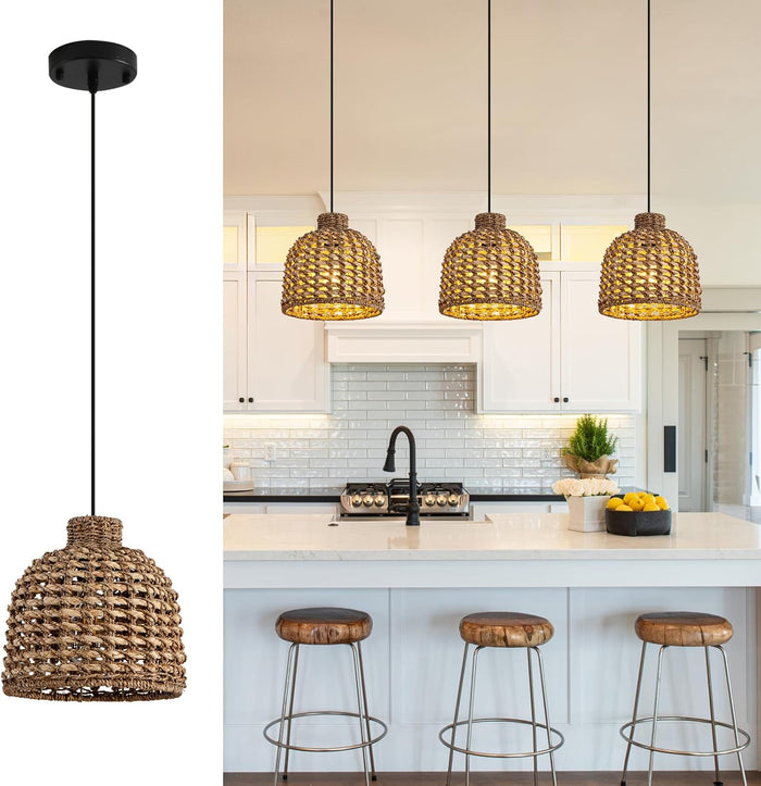 3-Pack Rattan Pendant Light,Mini Seagrass Hanging Light
