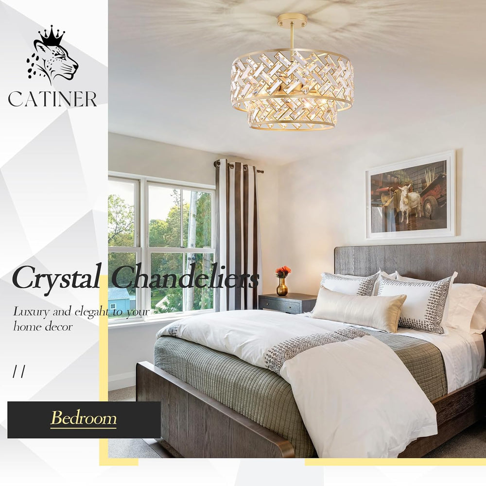 CATINER 20" Gold Crystal Chandelier, 6-Light Semi Flush Pendant