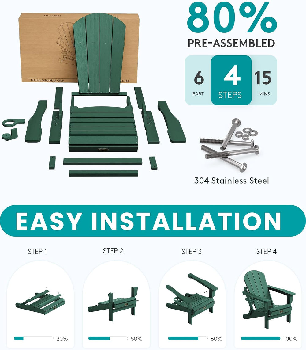 SERWALL Folding Adirondack Chairs Set of 4 with Cup Holder, Fire Pit -Green