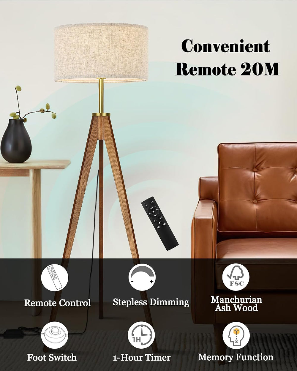 ELYONA Floor Lamp for Living Room, Solid Ash Wood Tripod Floor Lamp with Remo...