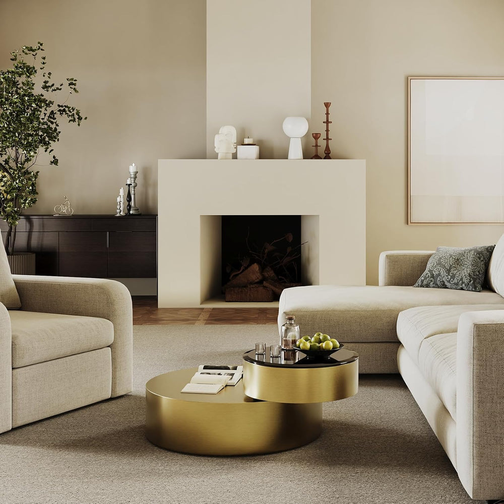 Brass Round Rotatable Top Coffee Table, 2 Tier Circle Coffee Table with 360° ...
