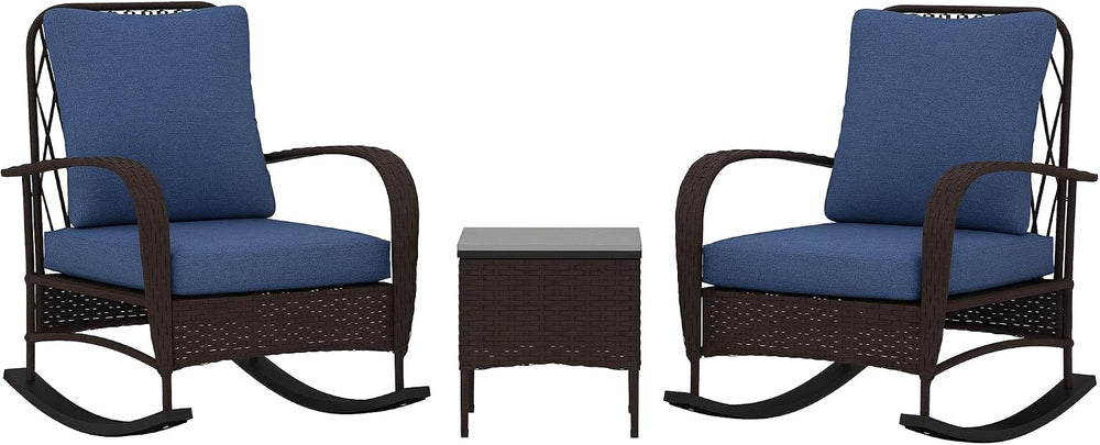 Outsunny 3 Piece Wicker Patio Furniture Set Rocking Chairs Cushions Brown