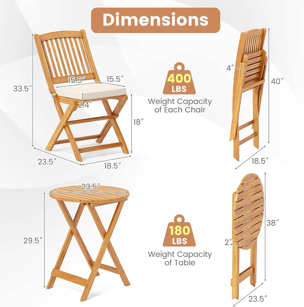 GIANTEX Patio Bistro Set 3 Pieces, Outdoor Acacia Wood Folding Table & Ch...