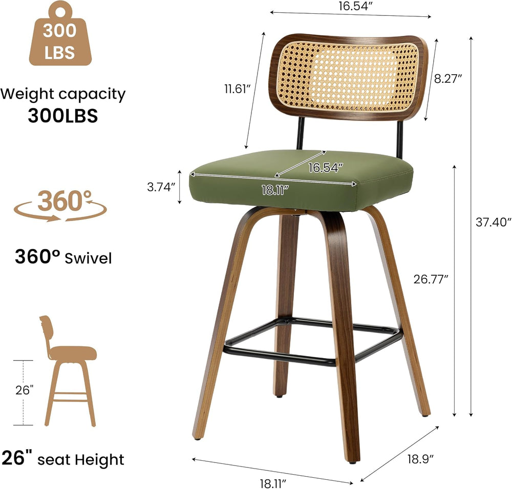 Swivel Bar Stools Set of 2, Counter Height Bar Stool with Rattan Back