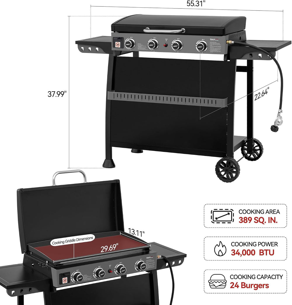 Royal Gourmet PD4001 4 Burner Propane Gas Griddle, Removable Standing Cart