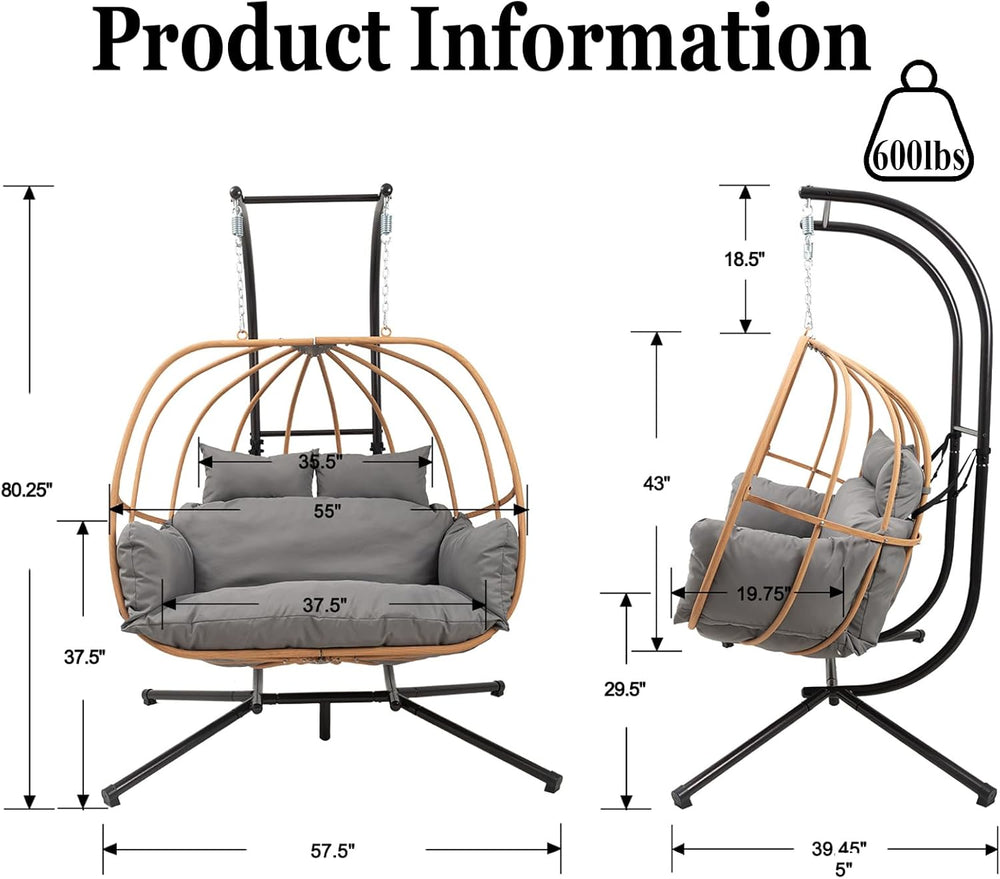 Double Egg Chair with Stand, Oversized Egg Chair Outdoor, 2-Person Hanging Eg...