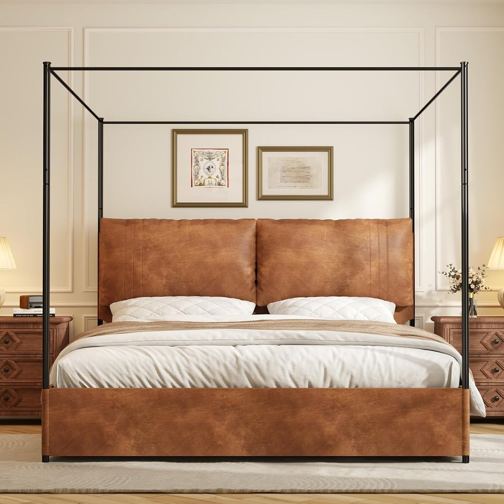 King Canopy Bed Frame with Tall Upholstered Faux Leather Headboard