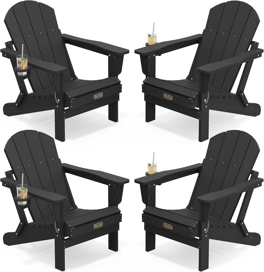 SERWALL Folding Adirondack Chair Set of 4, Fire Pit with Cup Holder -Black