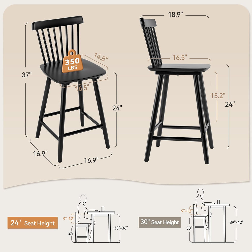 LUE BONA Upgraded Windsor Wooden Black Bar Stools Set of 3, 24 Inch Counter H...