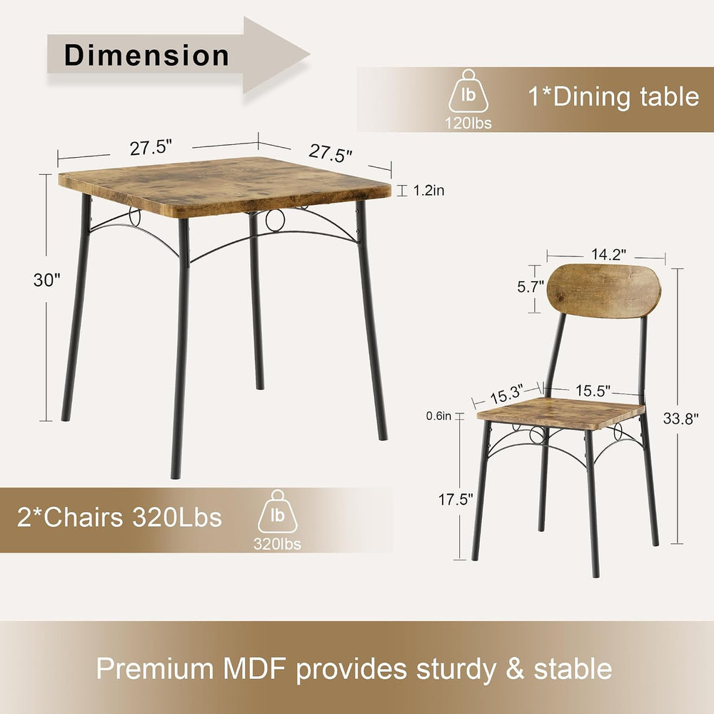 VECELO 3 Piece Small Dining Table Set for 2, Metal and Wood Square Kitchen Di...