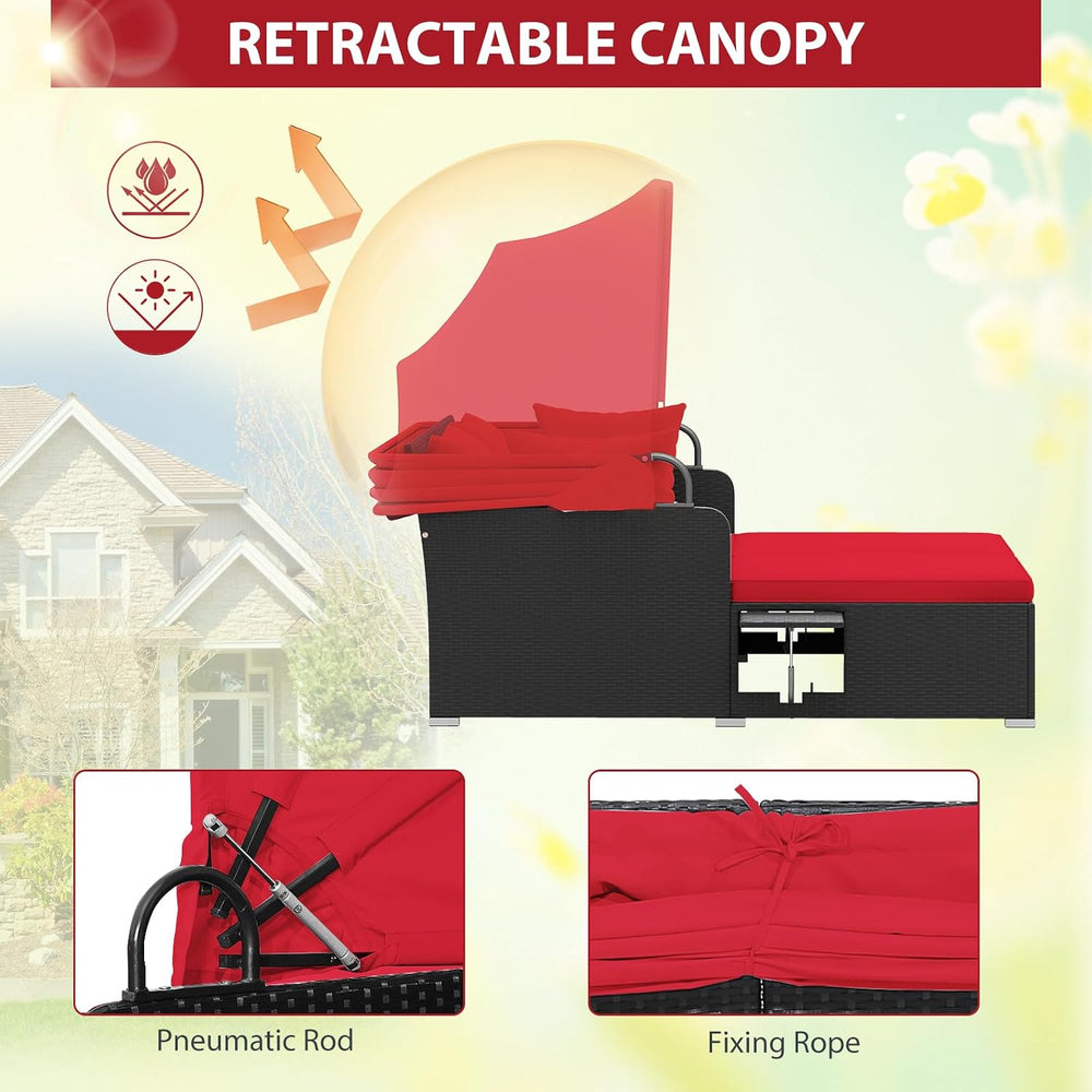DREAMADE Outdoor Daybed with Canopy, 2 Person Rattan Patio Sunbed, Red