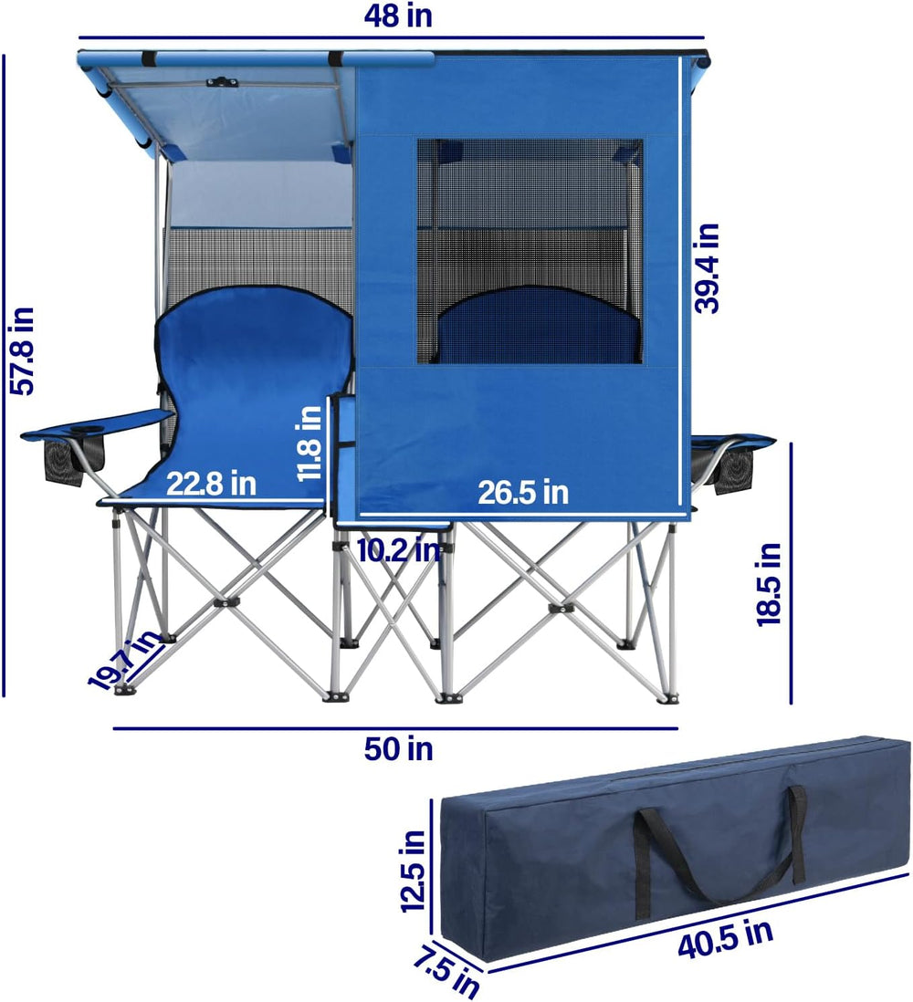 ptlsy Folding Double Camping Chair with Canopy Shade for Beach Lawn (Blue)