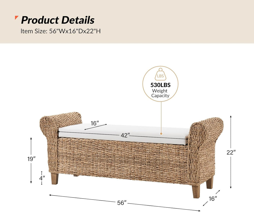 56" Rattan Storage Bench with Rolled Arms, Bohemian Farmhouse End of Bed...