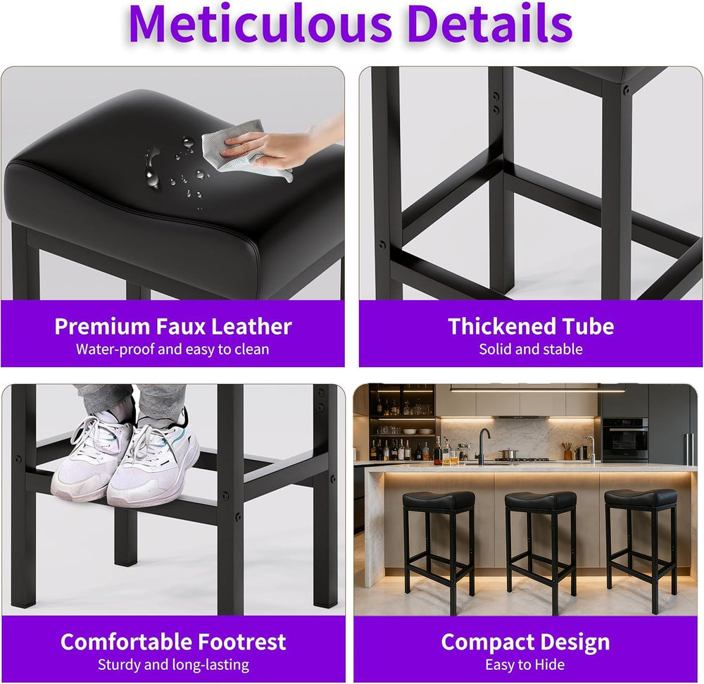 Bar Stools Set of 2, 30 Inch Backless Counter Height Bar Stools with Soft Fau...