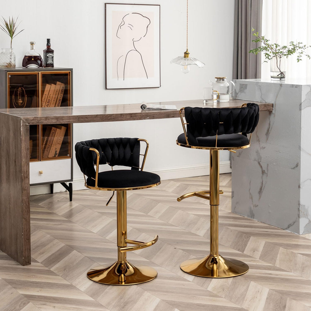Riknuxi Velvet Bar Stools Set of 3, Counter Height Barstools with Low Back, G...
