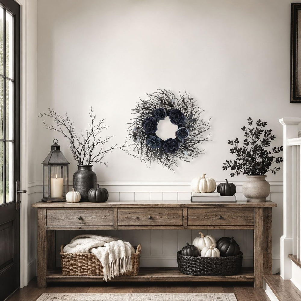 22 Inch Pre-Lit Black Twig Halloween Wreath for Front Door