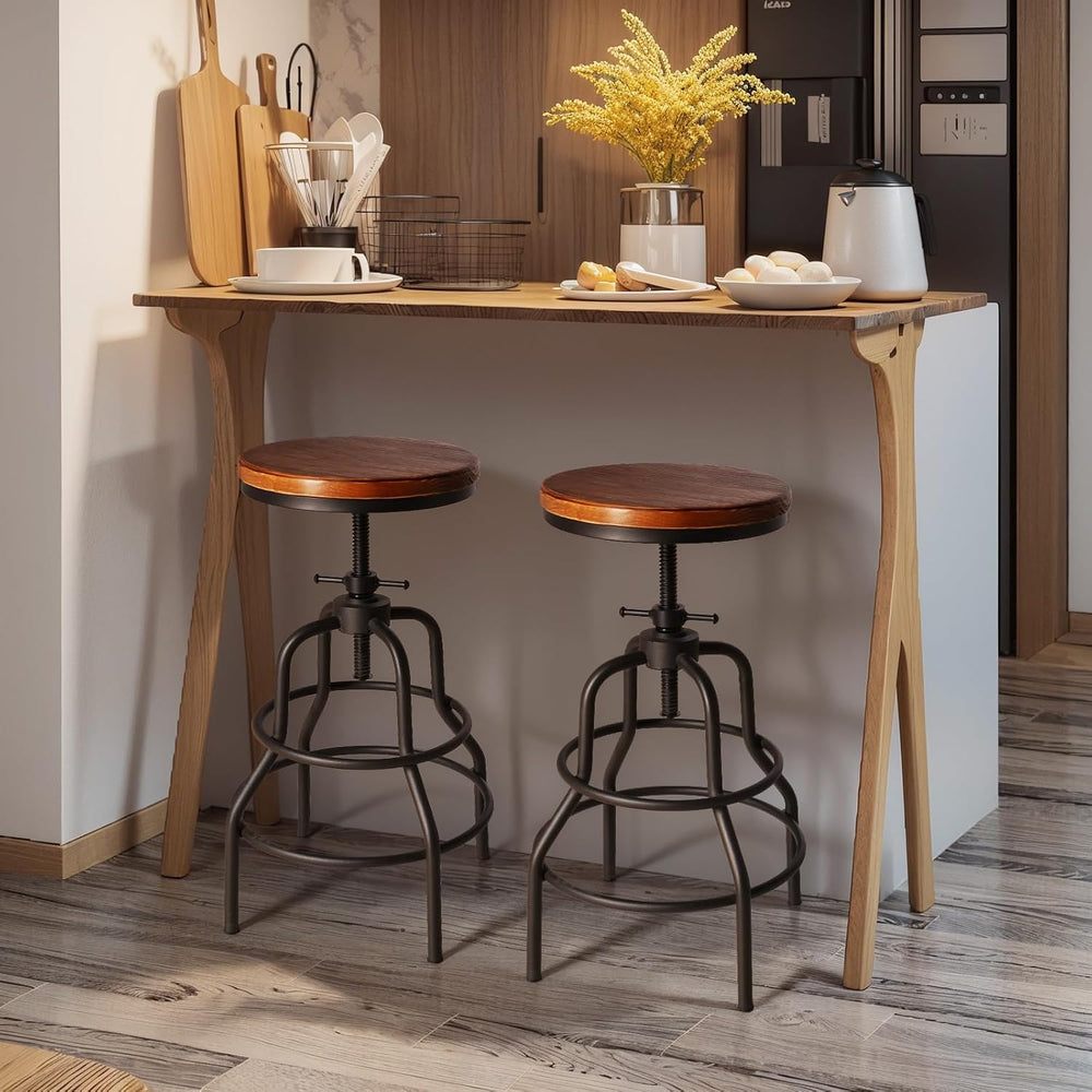 LOKKHAN Vintage Industrial Barstools - 13.8" Dia Round Wooden Brown Seat...