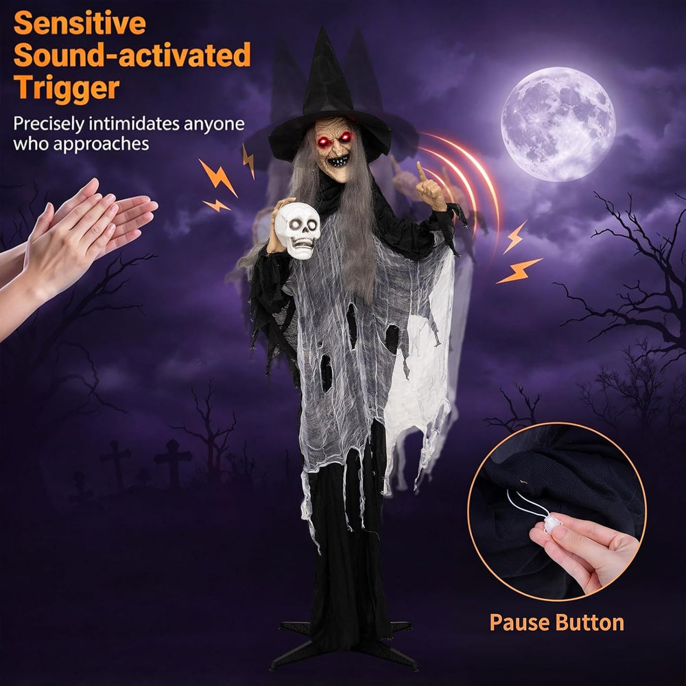 Tangkula 6.3 FT Animated Halloween Standing Talking Witch with Skull