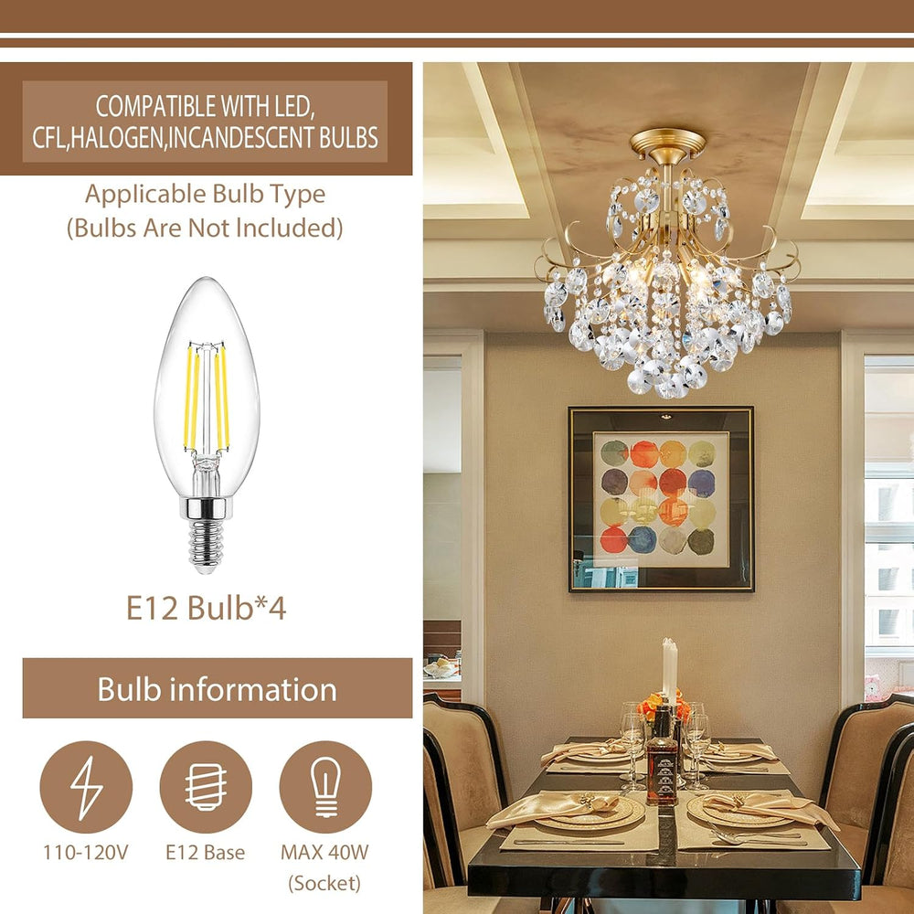 Gold Crystal Chandelier Ceiling Light, Luxury Crystal Semi Flush Mount Ceilin...