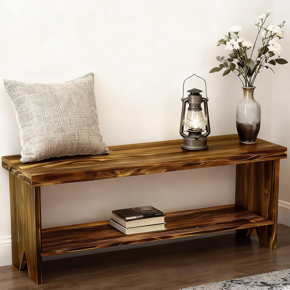 43" Solid Wood Farmhouse Bench, Entryway Bench with Storage Shelf, Vinta...