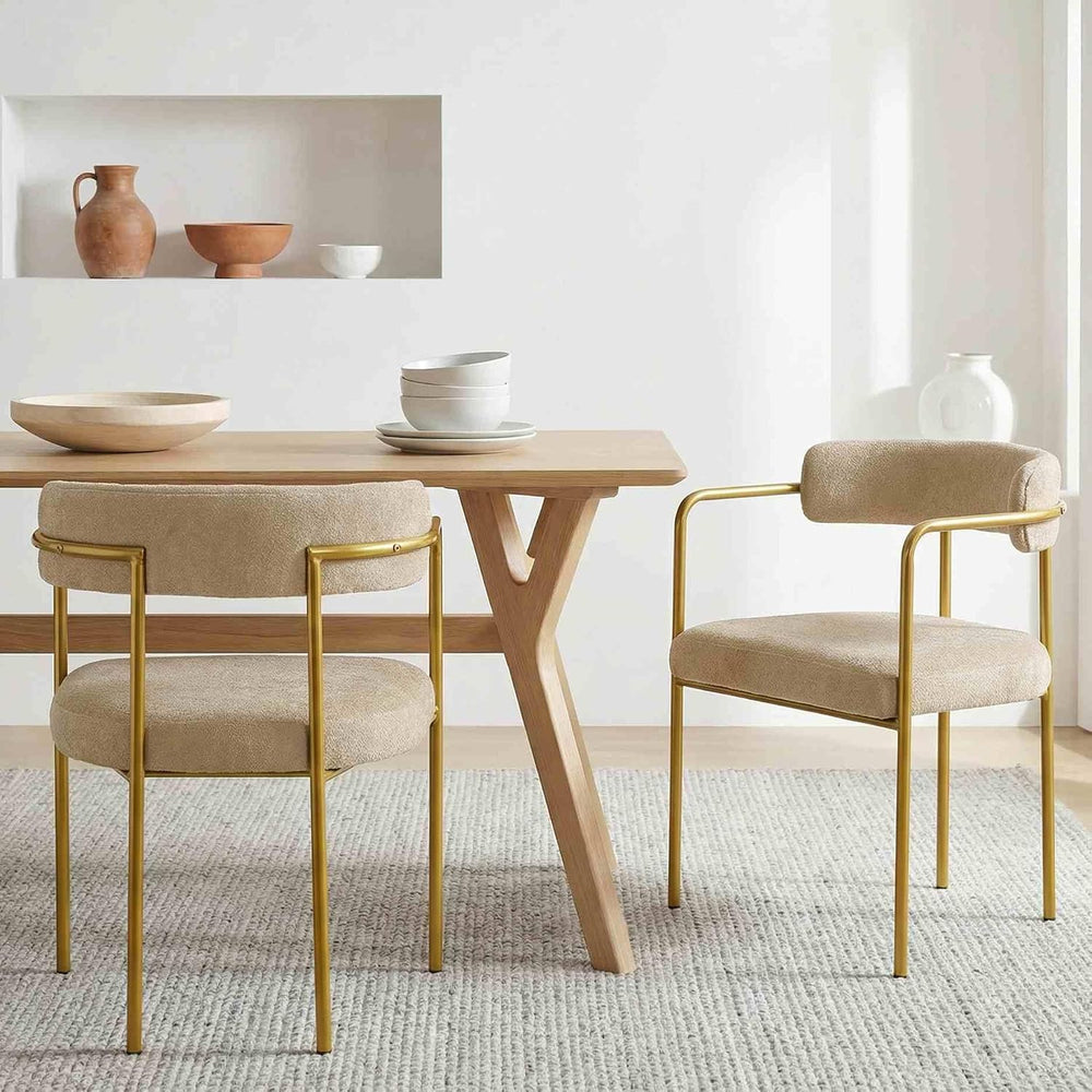 Boucle Dining Chairs Set of 6, Gold Metal Frame, Taupe