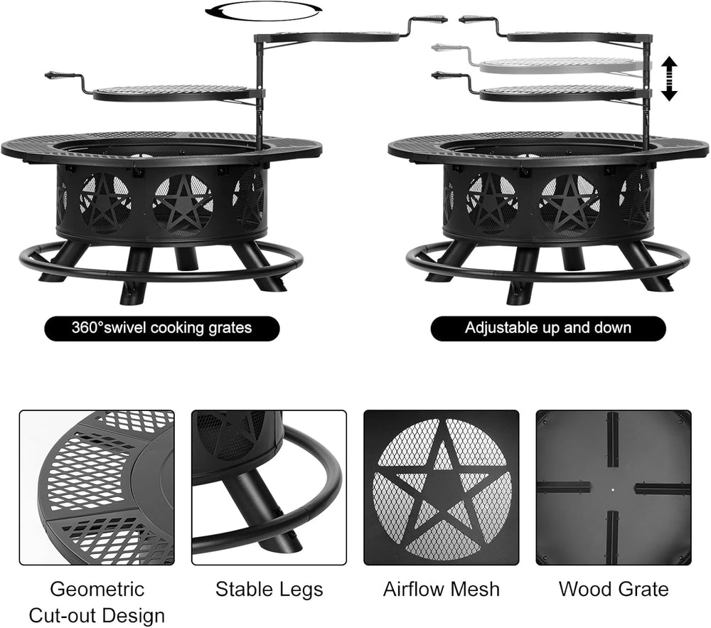 Outvue 36 Inch Outdoor Fire Pits with 2 Grills, Lid & Poker