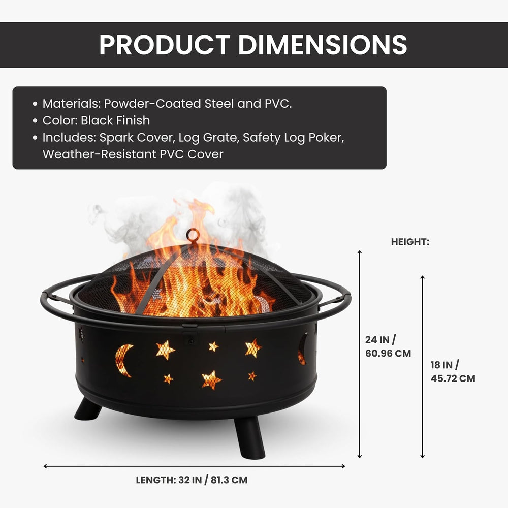 Fire Pit - 32-Inch Outdoor Wood Burning Firepit with Screen, Poker, and Cover...