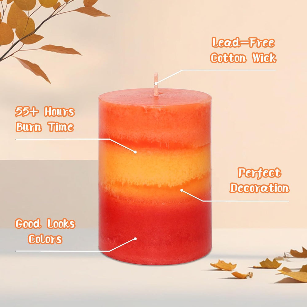3x4 Inch Pillar Candles 3 Pack Rustic Orange Handmade Layered Clean Burning P...