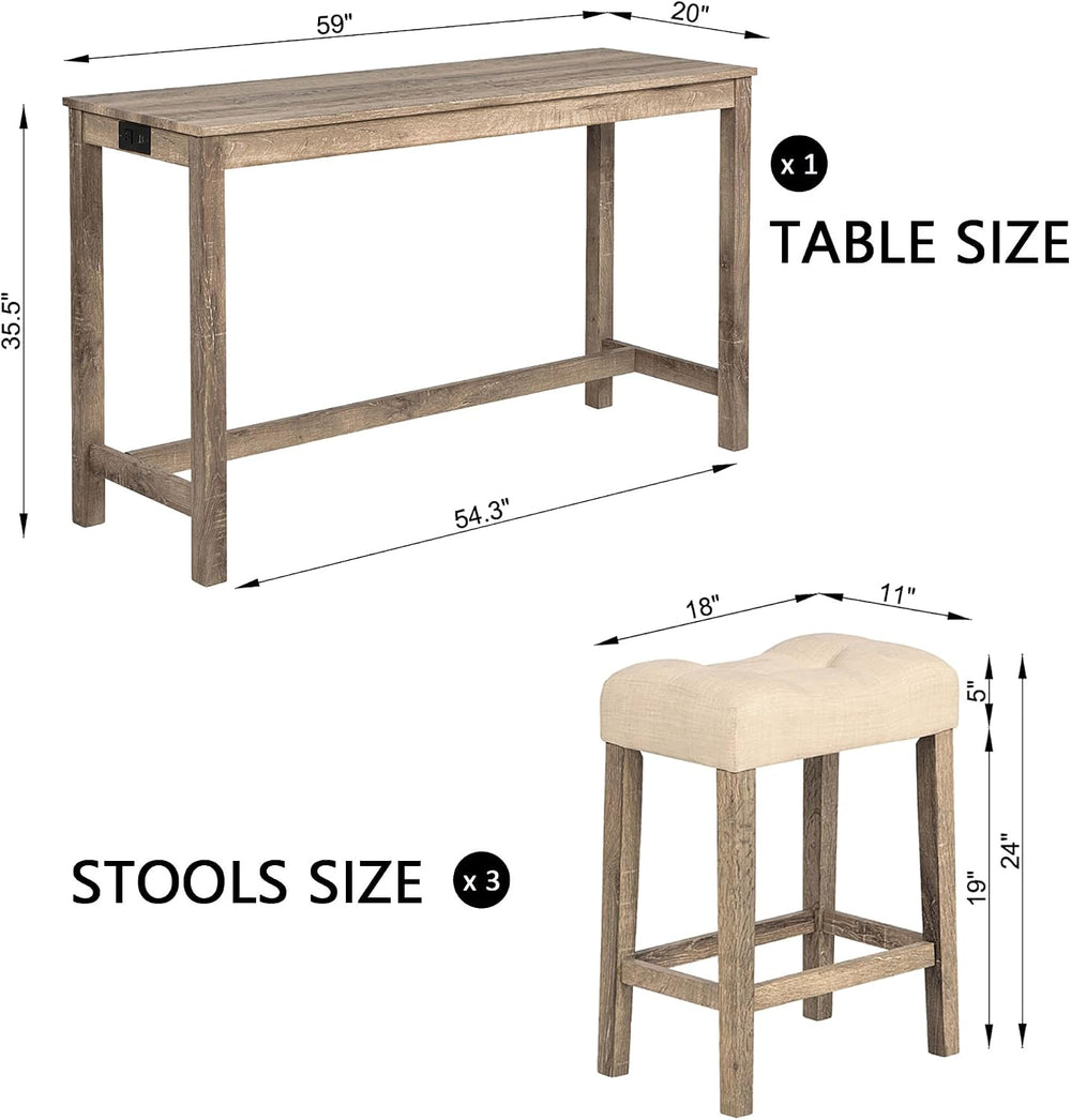 KEIKI 4-Piece Bar Table Set with Charging Ports, 59" Industrial Kitchen ...