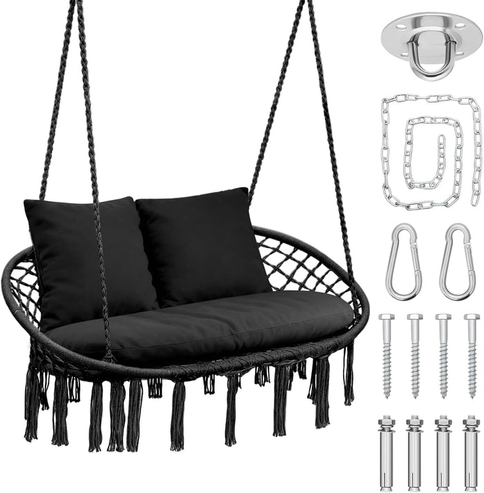 Magshion 2-Person Macrame Hanging Hammock Swing Chair, Black
