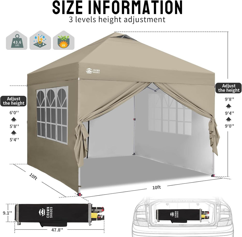 CROWN SHADES 10X10 Pop Up Canopy Tent with Sidewalls, One-Push Setup, Khaki