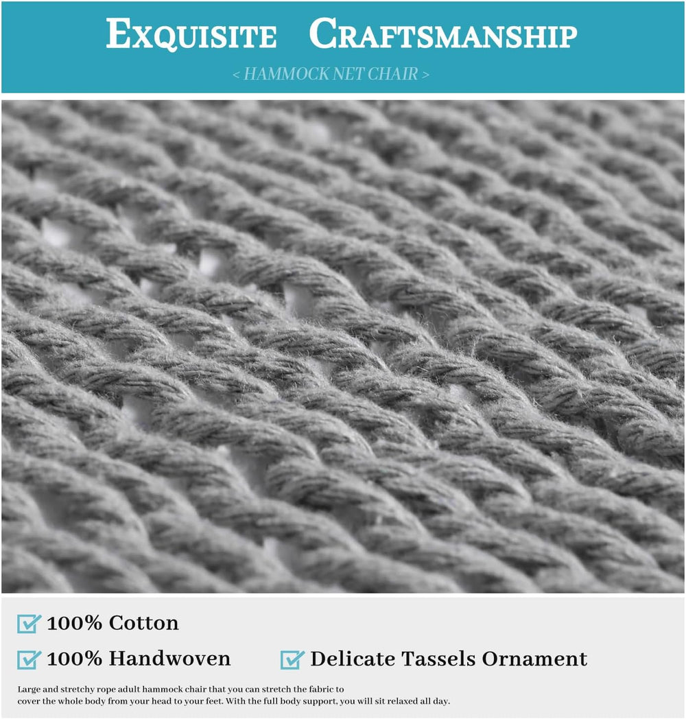 Handwoven Cotton Rope Hammock Chair with Metal Spreader Bar, Boho Hanging Cha...