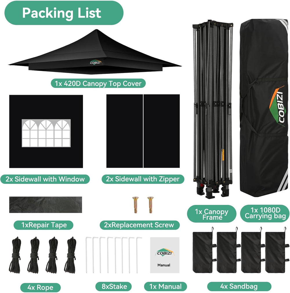 COBIZI 13x13 Pop Up Canopy Tent Heavy Duty with Auto-Extending Eaves