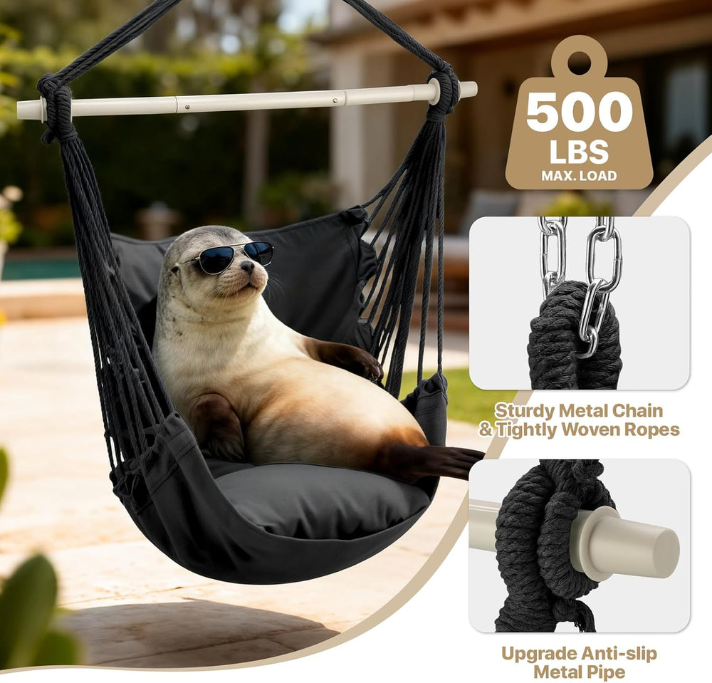 MoNiBloom Hammock Chair Hanging Rope Swing w/2 Cushions, Hold 350lbs, Black