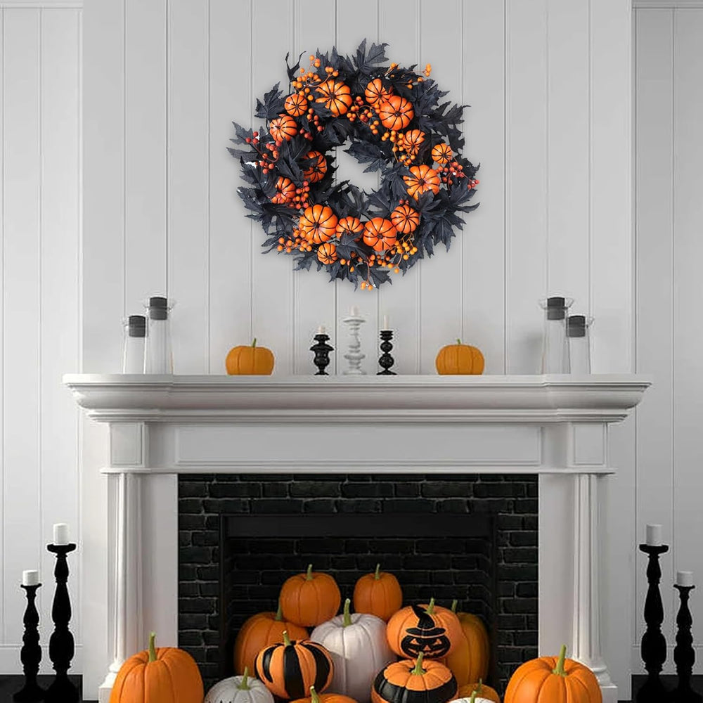 Halloween Wreaths Black Maple Leaf Wreath Orange Pumpkin Wreath Holiday Decor...
