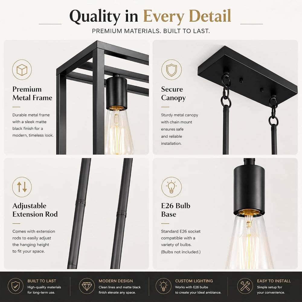 Black Kitchen Island Lighting, Modern Linear Cage Retangular Chandelier, 3 Li...