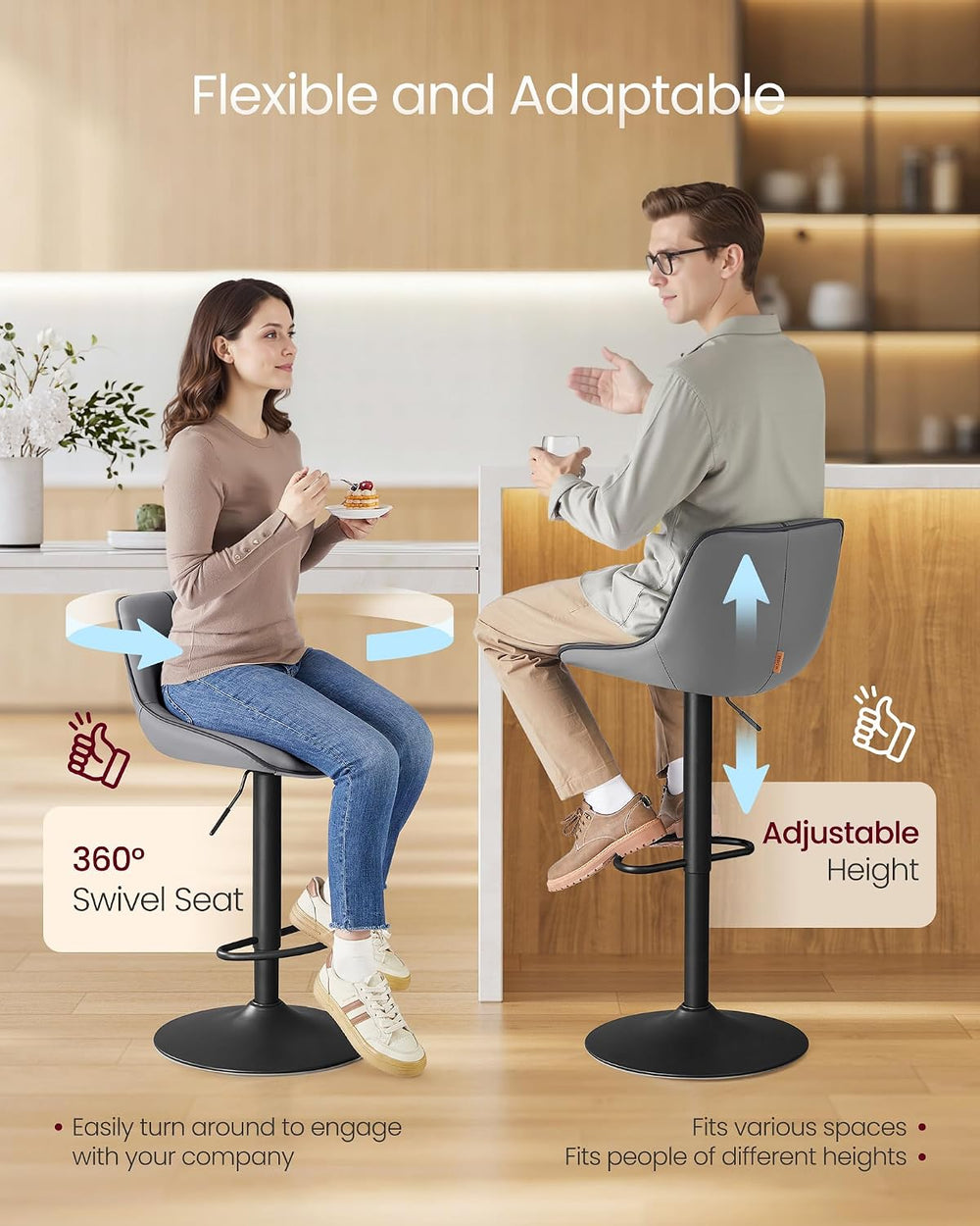 VASAGLE Bar Stools Set of 2, Swivel, Adjustable Height, Spliced Design
