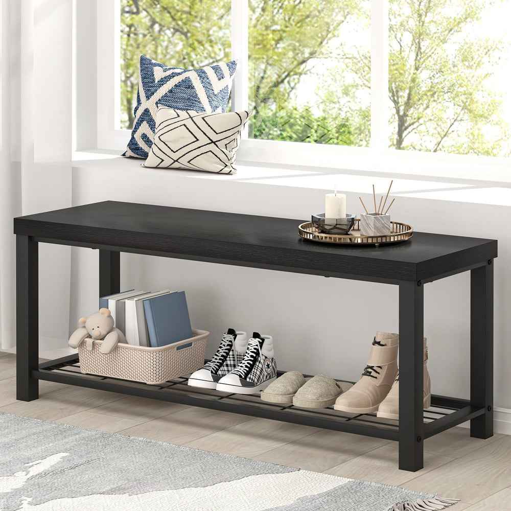 EXCEFUR Entryway Bench, Modern Wood and Metal Storage Bench for Hallway Front...