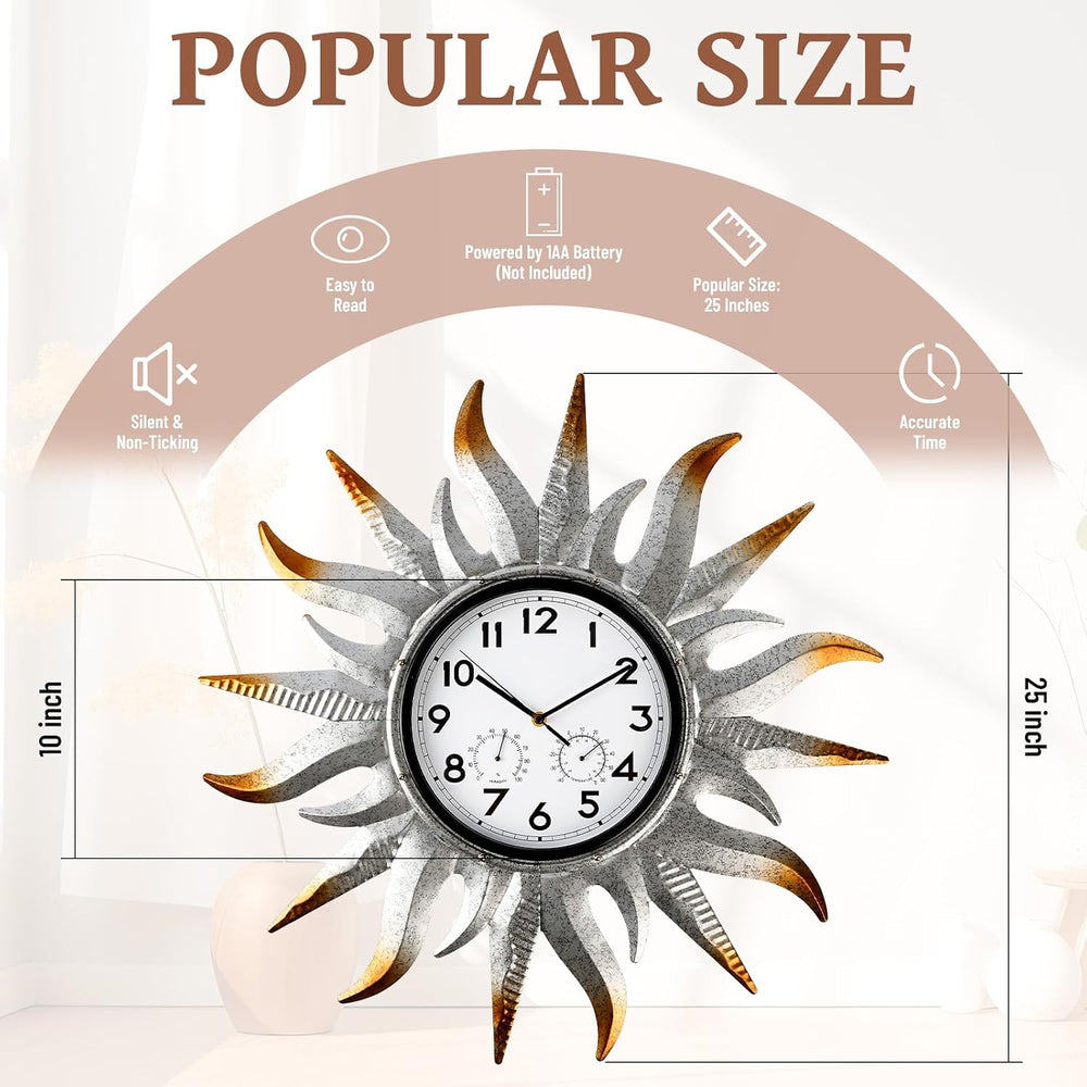 25-Inch Sun-Shaped Outdoor Clock and Thermometer Set, 10-Inch Dial, Battery P...