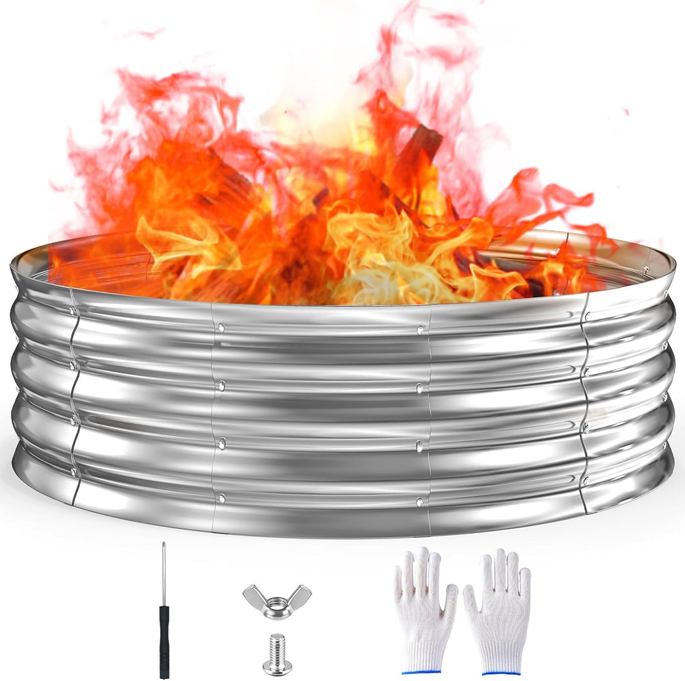 60 Inch Fire Pit Ring 5FT Galvanized Steel, 12" Raised Heavy Duty Wood B...