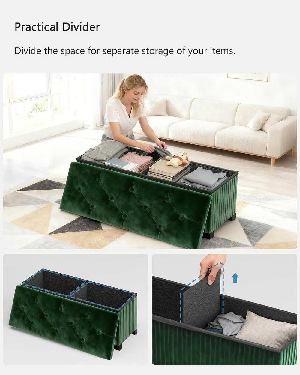 LITZFUR 43 Inches Storage Ottoman Bench, Velvet Foot Rest Stool, Green