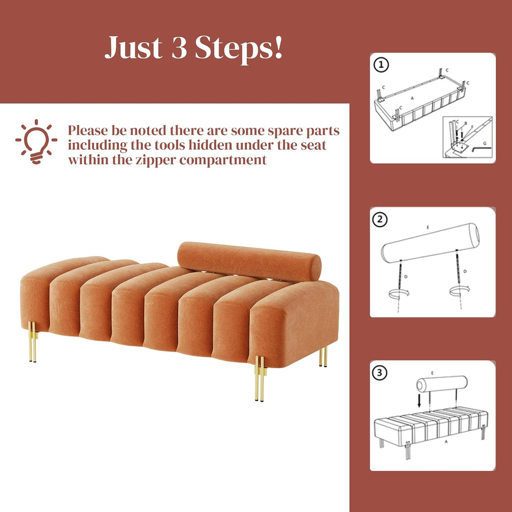 52.2" Velvet Upholstered Bench Ottoman with Adjustable Backrest, Orange