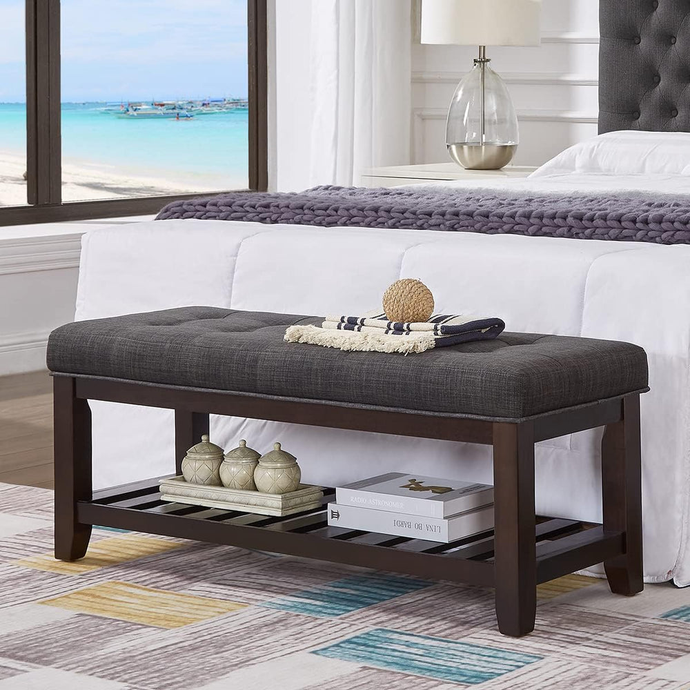 24KF Large Rectangular Upholstered Tufted Linen Ottoman Bench, Padded Bench w...