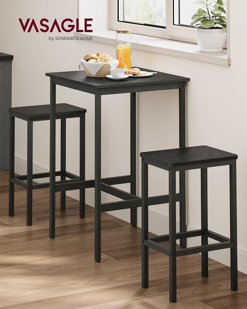 VASAGLE Bar Table and Chairs Set, Square, with 2 Stools, Space Saving
